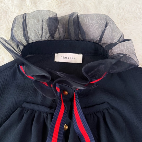 Elegant Navy Ruffle Blouse - Picture 6 of 10